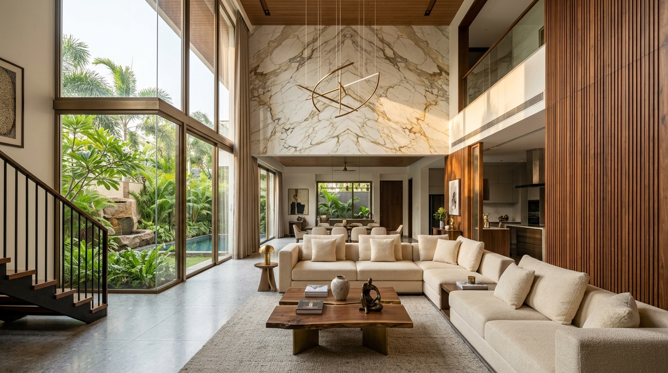Sunlit luxury villa living room in Bhubaneswar with double-height marble wall and fluted wood cladding by Clay and Bricks